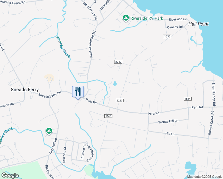 map of restaurants, bars, coffee shops, grocery stores, and more near 600 Justice Farm Drive in Sneads Ferry