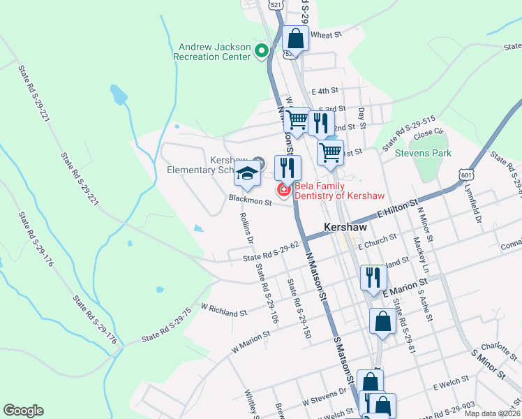map of restaurants, bars, coffee shops, grocery stores, and more near 125 Blackmon Street in Kershaw