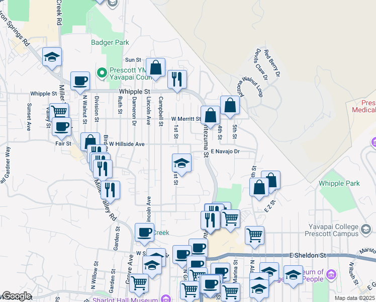 map of restaurants, bars, coffee shops, grocery stores, and more near 202 West Navajo Drive in Prescott