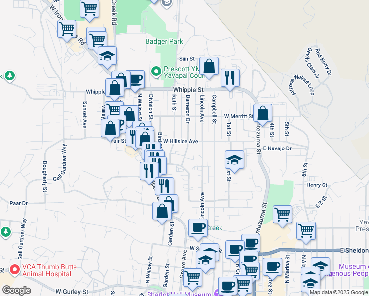 map of restaurants, bars, coffee shops, grocery stores, and more near 636 Dameron Drive in Prescott