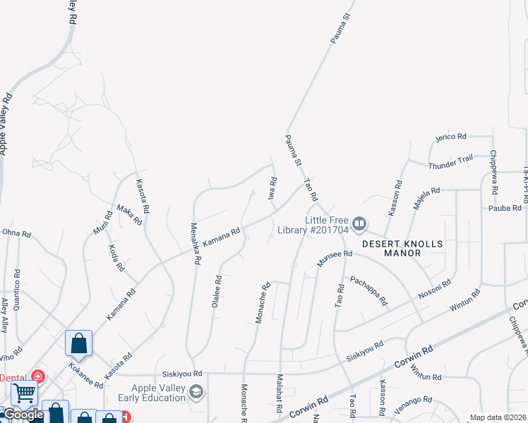 map of restaurants, bars, coffee shops, grocery stores, and more near 18699 Kamana Road in Apple Valley