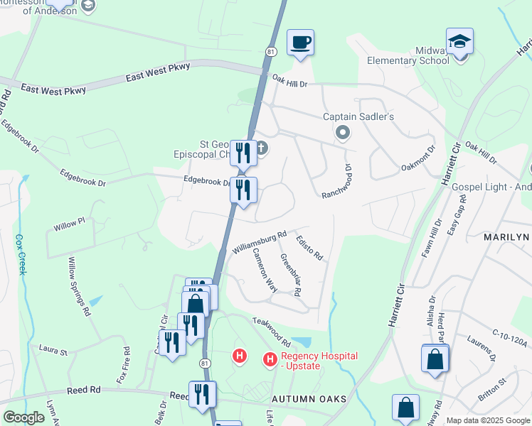 map of restaurants, bars, coffee shops, grocery stores, and more near 121 Wexford Drive in Anderson