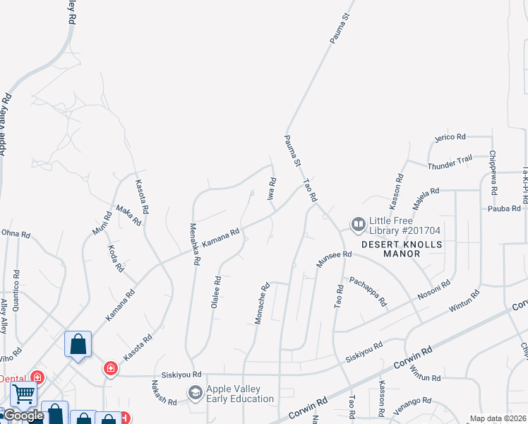 map of restaurants, bars, coffee shops, grocery stores, and more near 18668 Kamana Road in Apple Valley