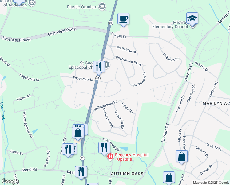 map of restaurants, bars, coffee shops, grocery stores, and more near 121 Wexford Drive in Anderson