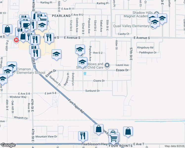 map of restaurants, bars, coffee shops, grocery stores, and more near 5249 Linden Court in Palmdale