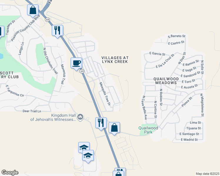 map of restaurants, bars, coffee shops, grocery stores, and more near 710 North Blue Spruce Drive in Prescott Valley