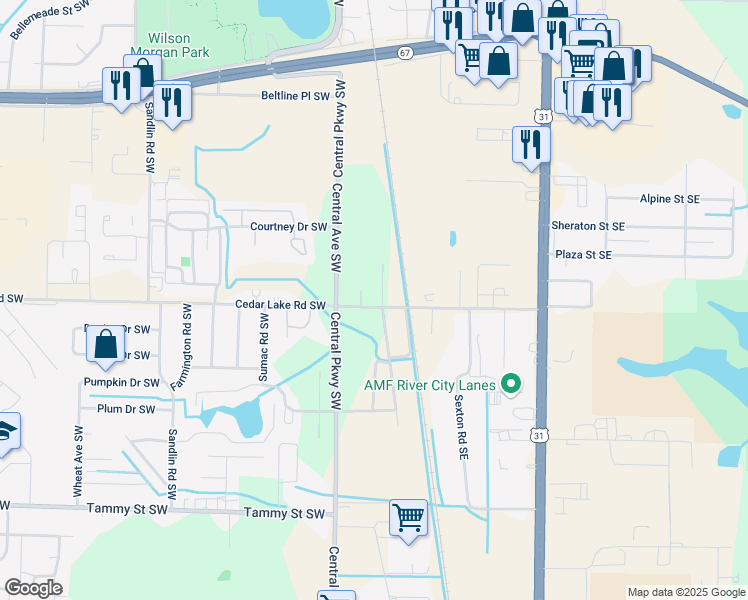 map of restaurants, bars, coffee shops, grocery stores, and more near 118 Cedar Lake Road Southwest in Decatur
