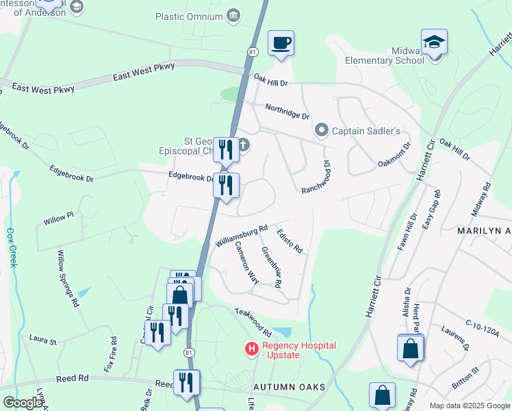 map of restaurants, bars, coffee shops, grocery stores, and more near 121 Wexford Drive in Anderson