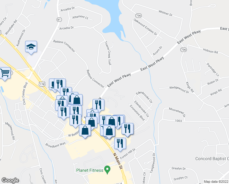 map of restaurants, bars, coffee shops, grocery stores, and more near 409 Springbrook Drive in Anderson