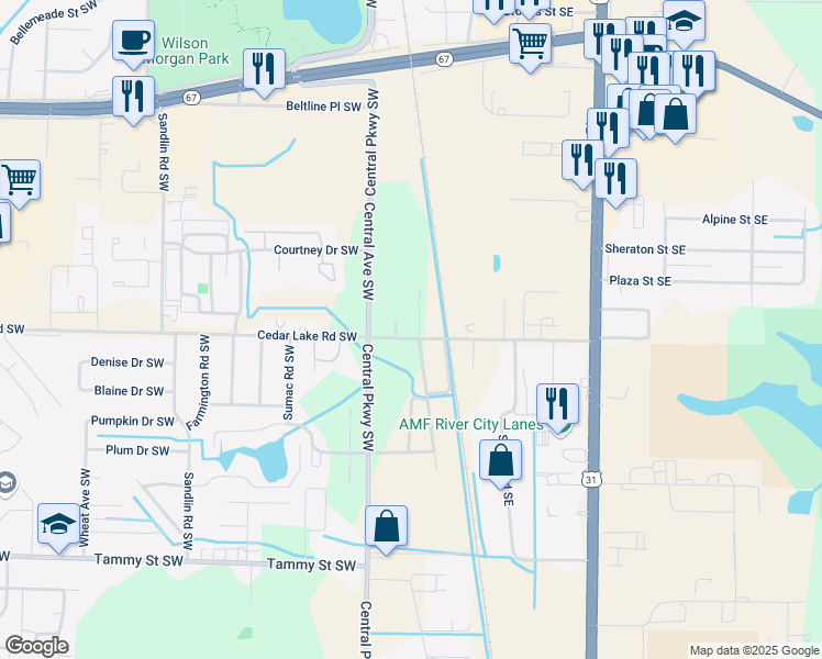 map of restaurants, bars, coffee shops, grocery stores, and more near 118 Cedar Lake Road Southwest in Decatur