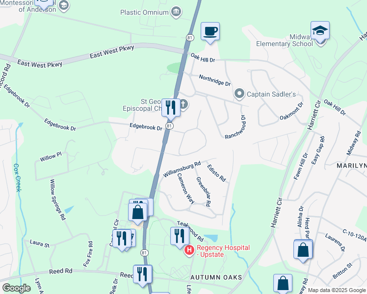 map of restaurants, bars, coffee shops, grocery stores, and more near 121 Wexford Drive in Anderson