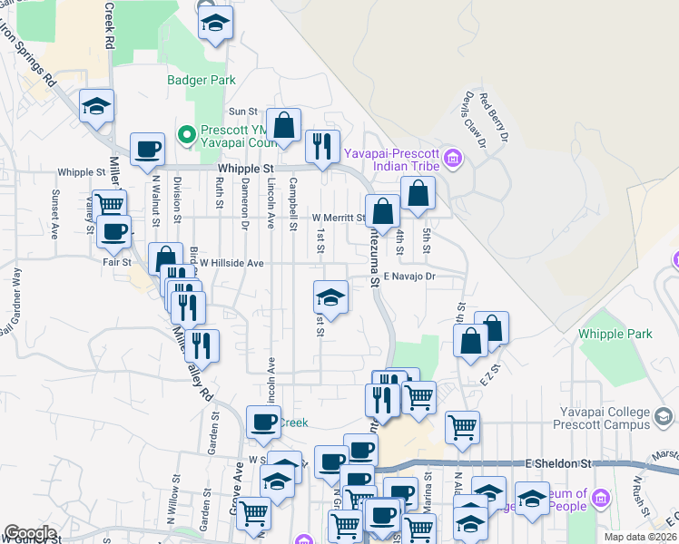 map of restaurants, bars, coffee shops, grocery stores, and more near 202 West Navajo Drive in Prescott