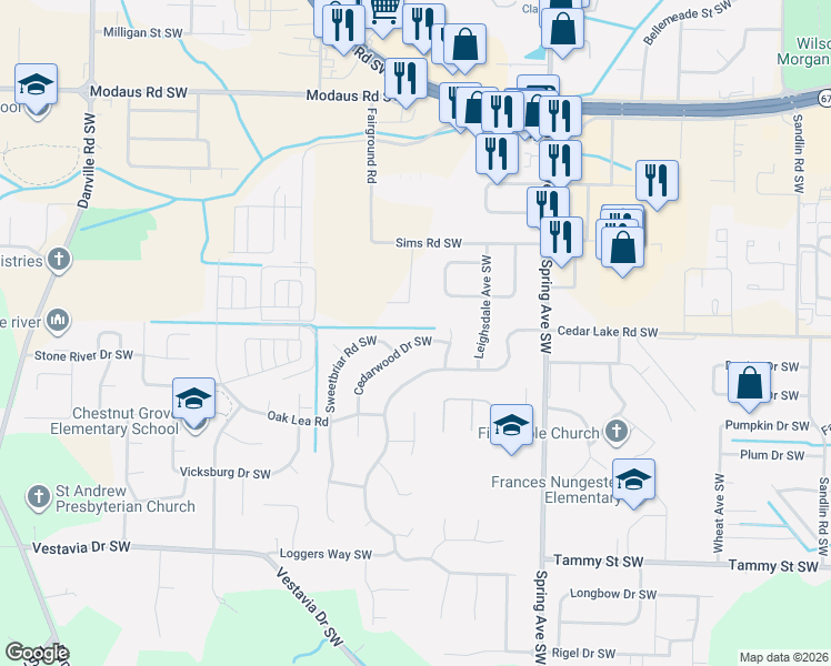 map of restaurants, bars, coffee shops, grocery stores, and more near 1012 Cedarwood Drive Southwest in Decatur