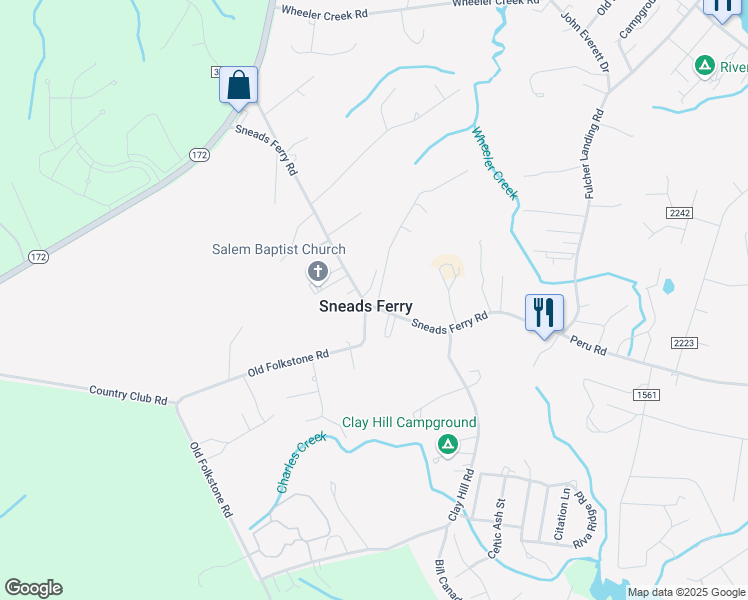 map of restaurants, bars, coffee shops, grocery stores, and more near 221 Sneads Ferry Road in Sneads Ferry