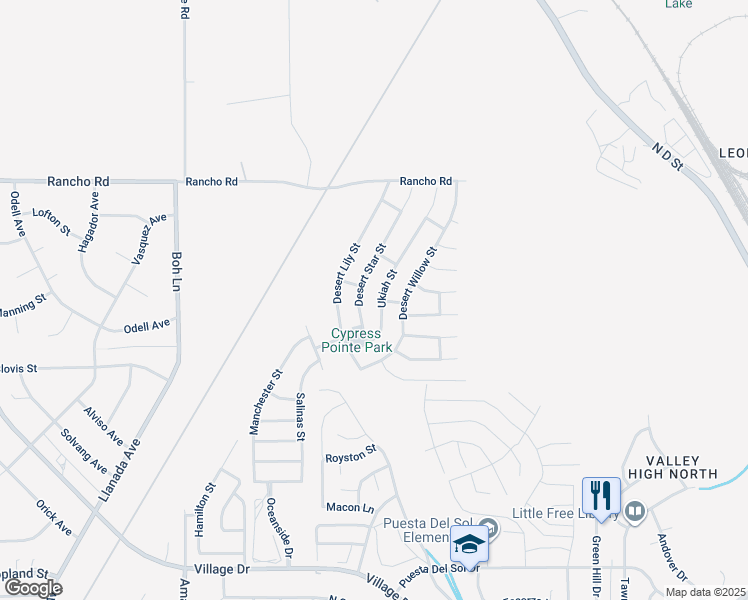 map of restaurants, bars, coffee shops, grocery stores, and more near 16672 Ukiah Street in Victorville