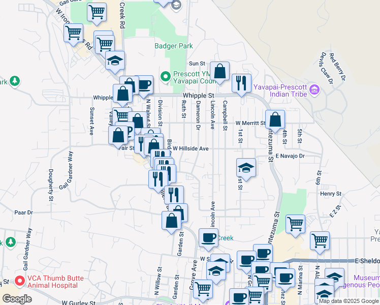 map of restaurants, bars, coffee shops, grocery stores, and more near 615 West Hillside Avenue in Prescott