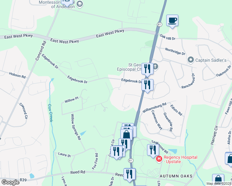 map of restaurants, bars, coffee shops, grocery stores, and more near 201 Edgebrook Drive in Anderson