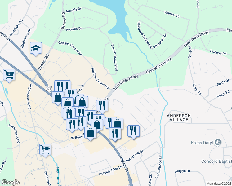 map of restaurants, bars, coffee shops, grocery stores, and more near 320 East Beltline Boulevard in Anderson