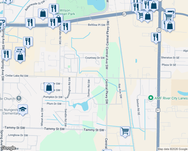 map of restaurants, bars, coffee shops, grocery stores, and more near 3002 Sumac Road Southwest in Decatur