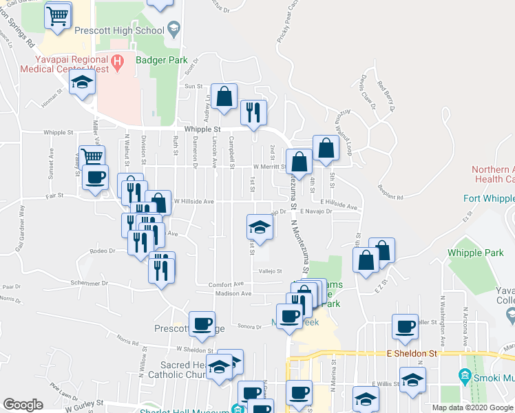 map of restaurants, bars, coffee shops, grocery stores, and more near 295 West Hillside Avenue in Prescott