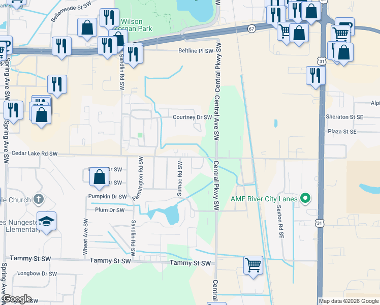 map of restaurants, bars, coffee shops, grocery stores, and more near 3002 Sumac Road Southwest in Decatur