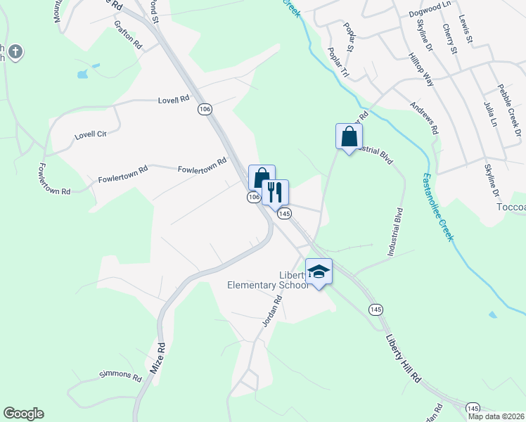 map of restaurants, bars, coffee shops, grocery stores, and more near 1008 Mize Road in Toccoa