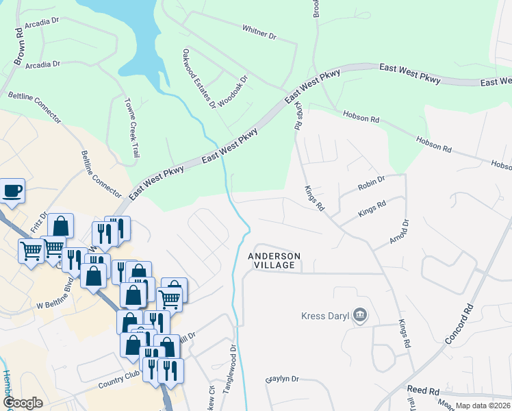 map of restaurants, bars, coffee shops, grocery stores, and more near 211 Wedgewood Drive in Anderson