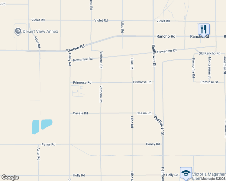 map of restaurants, bars, coffee shops, grocery stores, and more near 11031 Primrose Road in Adelanto