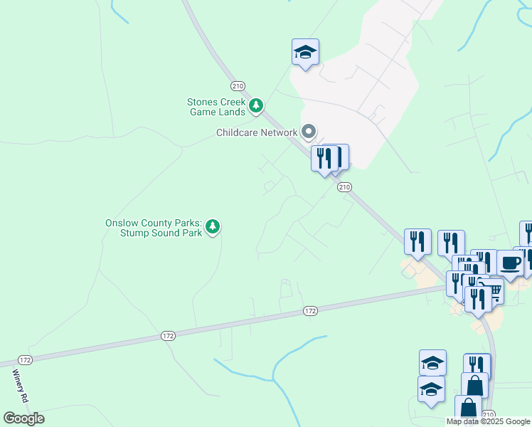 map of restaurants, bars, coffee shops, grocery stores, and more near 623 Shoreview Drive in Holly Ridge