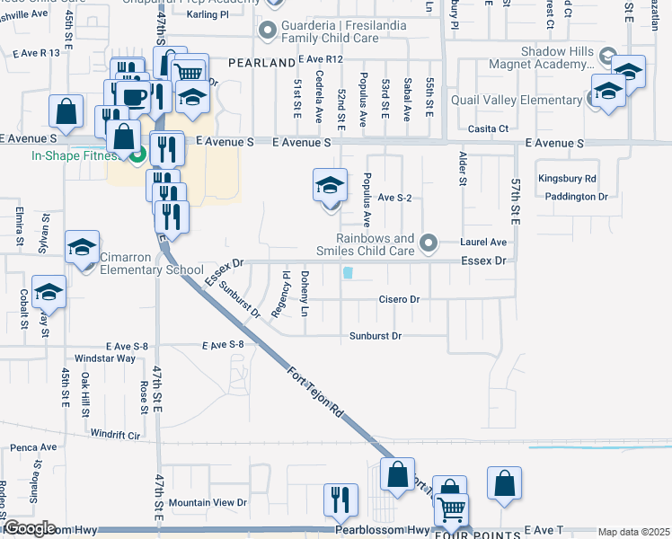 map of restaurants, bars, coffee shops, grocery stores, and more near 5202 Linden Court in Palmdale