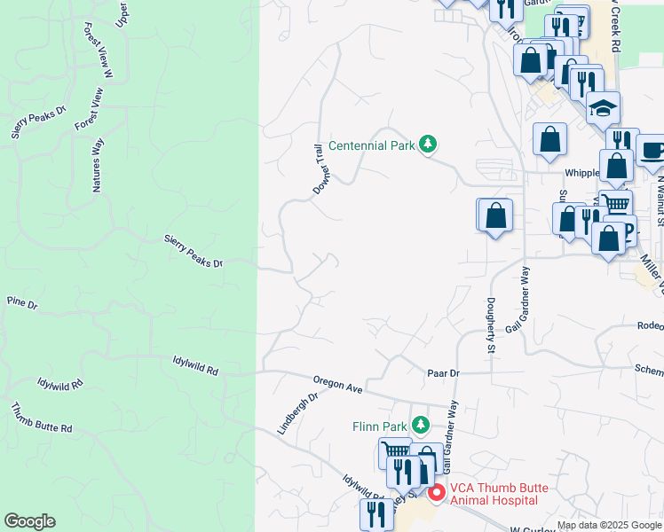 map of restaurants, bars, coffee shops, grocery stores, and more near 629 Downer Trail in Prescott