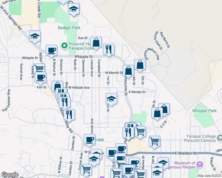 map of restaurants, bars, coffee shops, grocery stores, and more near 202 West Navajo Drive in Prescott