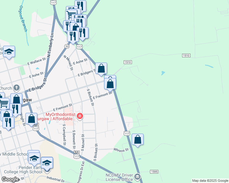 map of restaurants, bars, coffee shops, grocery stores, and more near U.S. 117 in Burgaw