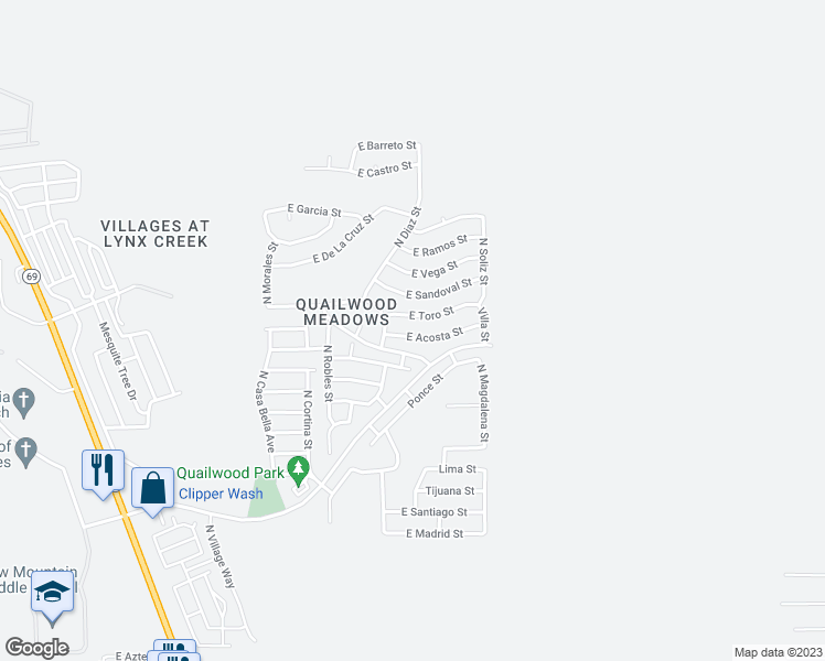 map of restaurants, bars, coffee shops, grocery stores, and more near 12960 East Acosta Street in Prescott Valley