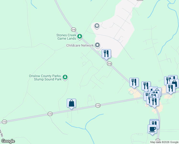 map of restaurants, bars, coffee shops, grocery stores, and more near 112 Village Dr in Sneads Ferry