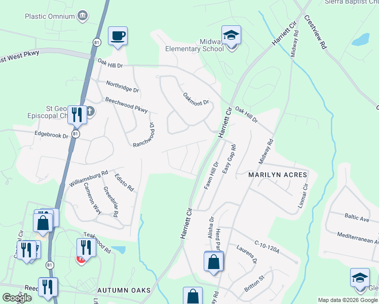 map of restaurants, bars, coffee shops, grocery stores, and more near 202 Rockpine Drive in Anderson