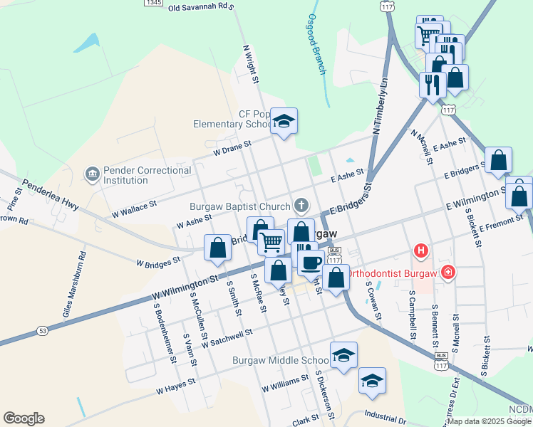 map of restaurants, bars, coffee shops, grocery stores, and more near 200 West Bridgers Street in Burgaw