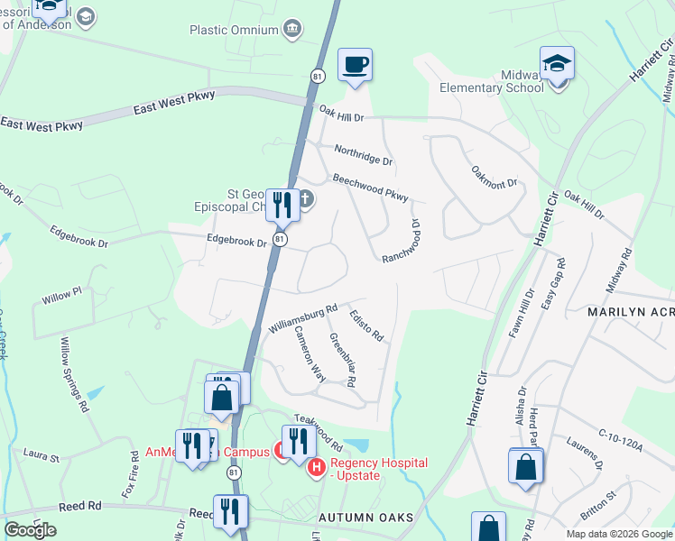 map of restaurants, bars, coffee shops, grocery stores, and more near 403 Williamsburg Road in Anderson