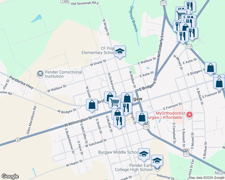 map of restaurants, bars, coffee shops, grocery stores, and more near 200 West Bridgers Street in Burgaw