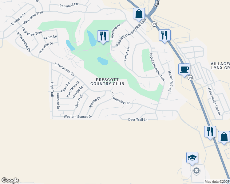 map of restaurants, bars, coffee shops, grocery stores, and more near 11497 East Turquoise Circle in Yavapai County