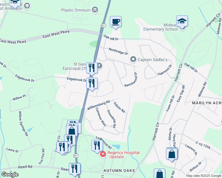 map of restaurants, bars, coffee shops, grocery stores, and more near 403 Williamsburg Road in Anderson