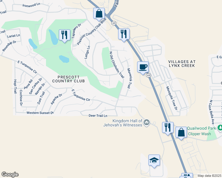 map of restaurants, bars, coffee shops, grocery stores, and more near 711 Winchester Way in Yavapai County