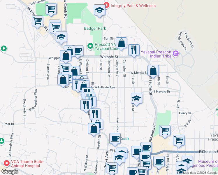 map of restaurants, bars, coffee shops, grocery stores, and more near 599 West Hillside Avenue in Prescott