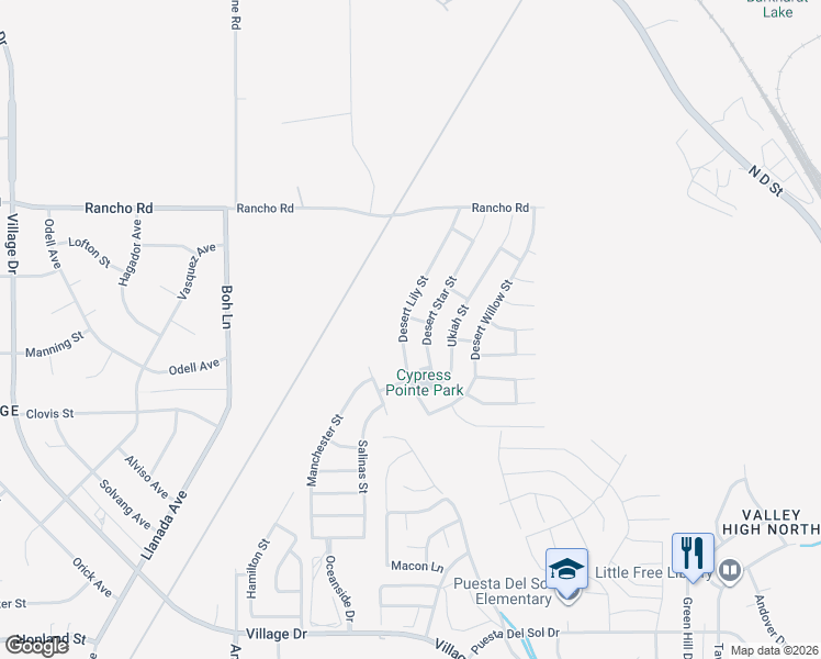 map of restaurants, bars, coffee shops, grocery stores, and more near 16677 Desert Lily Street in Victorville