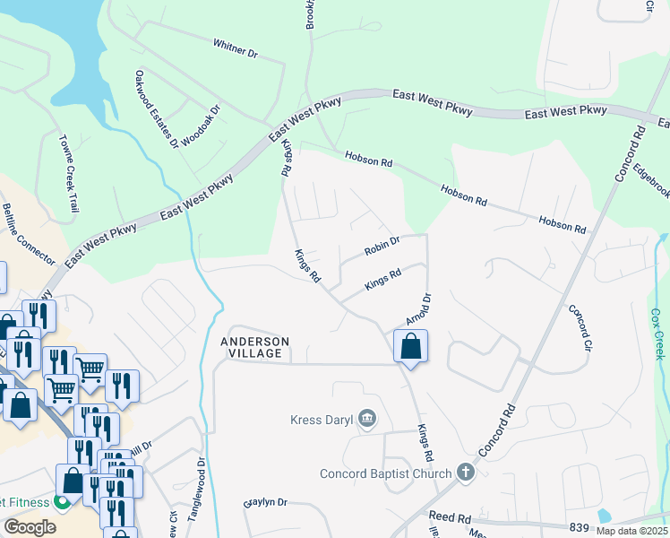 map of restaurants, bars, coffee shops, grocery stores, and more near 224 Arnold Drive in Anderson