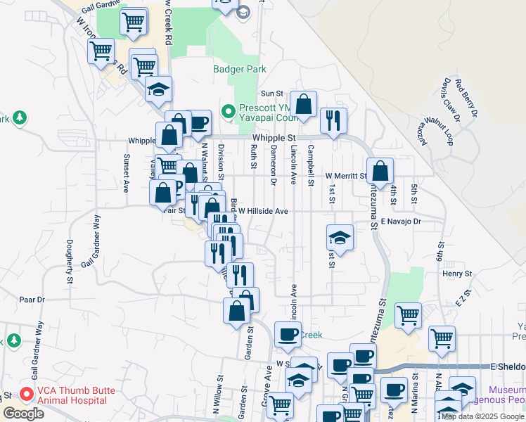 map of restaurants, bars, coffee shops, grocery stores, and more near 613 West Hillside Avenue in Prescott