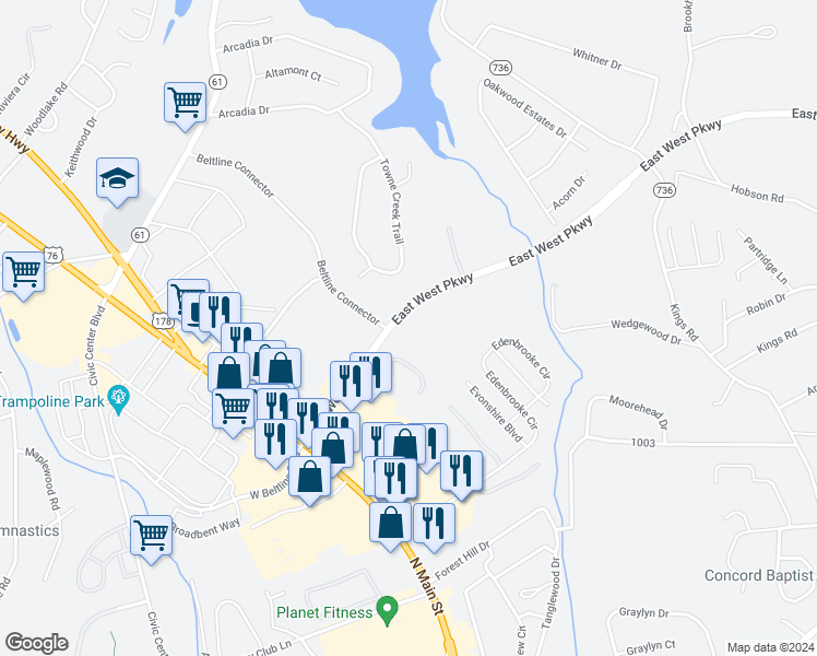 map of restaurants, bars, coffee shops, grocery stores, and more near 306 Springbrook Drive in Anderson
