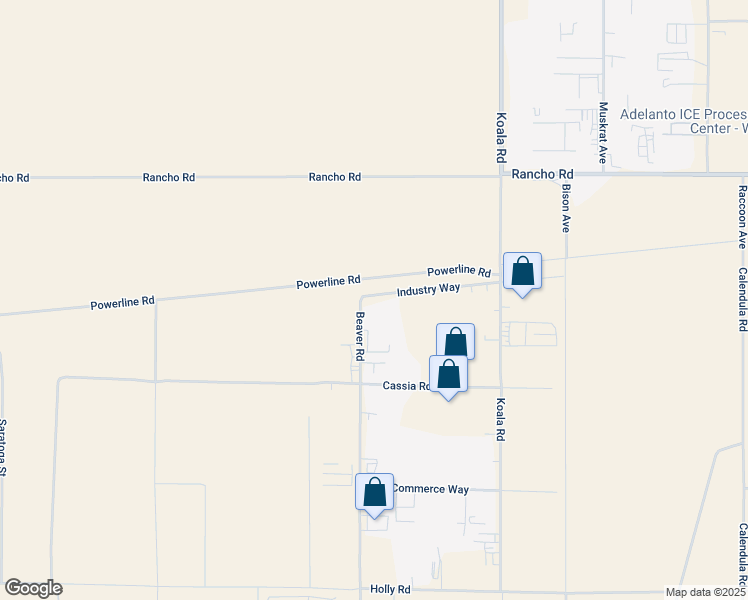 map of restaurants, bars, coffee shops, grocery stores, and more near 9219 Industry Way in Adelanto
