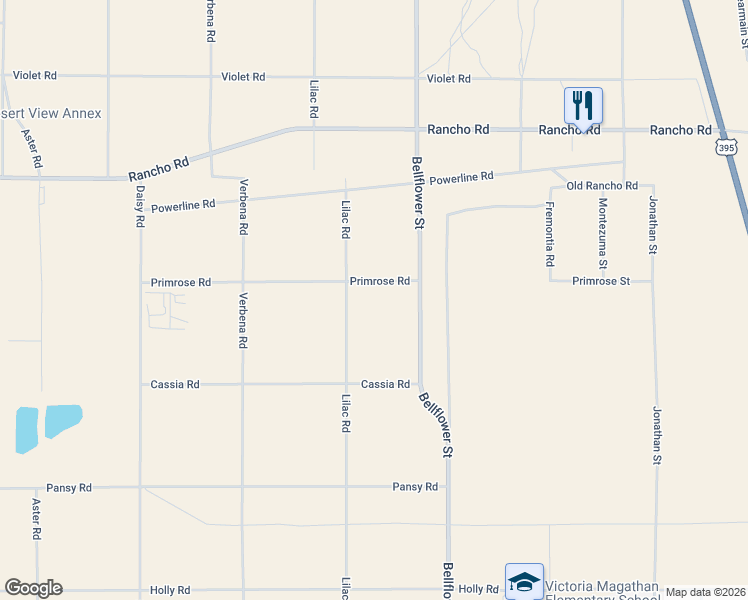 map of restaurants, bars, coffee shops, grocery stores, and more near 11109 Primrose Road in Adelanto