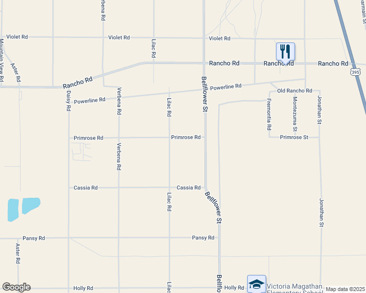 map of restaurants, bars, coffee shops, grocery stores, and more near 11109 Primrose Road in Adelanto